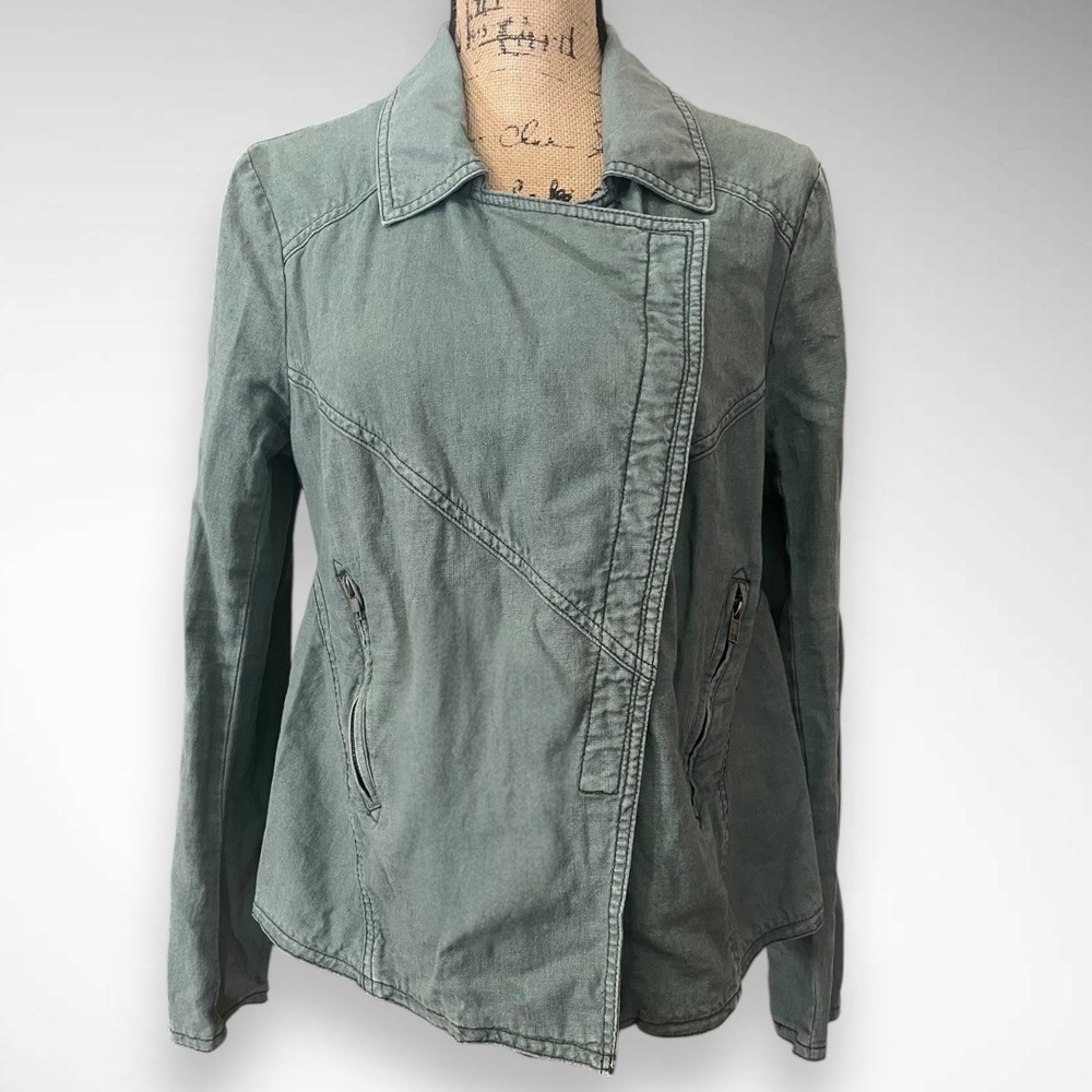 FREE PEOPLE Women's Blueish Green Linen Blend Moto Jacket Medium | EUC - Picture 2 of 8